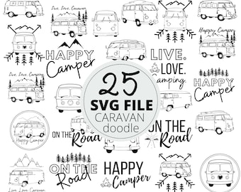 25 Stück Hippie Handgezeichnete Wohnwagen Doodle SVG Bundle, Camping Cut Dateien, Glamping Liebhaber SVG Design Bild, kommerzielle Nutzung, Cricut Cut Datei