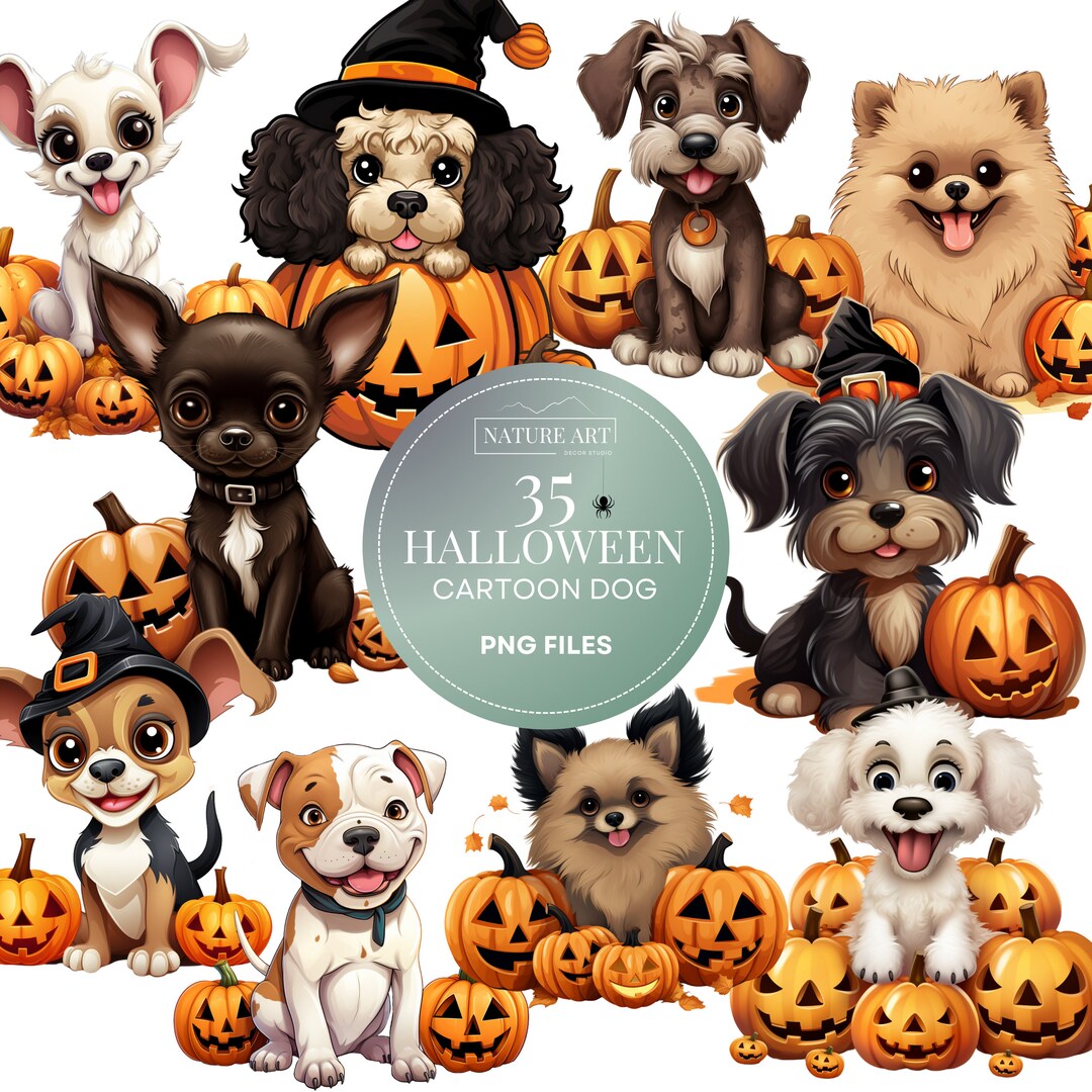 35pc Halloween Cartoon Dog PNG Bundle, Cute Puppy POD Allowed Digital ...