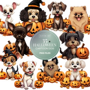 35pc Halloween Cartoon Dog PNG Bundle, Cute Puppy POD Allowed Digital Art, Pumpkins with Dog Illustration, Commercial Use, Sublimation Anime