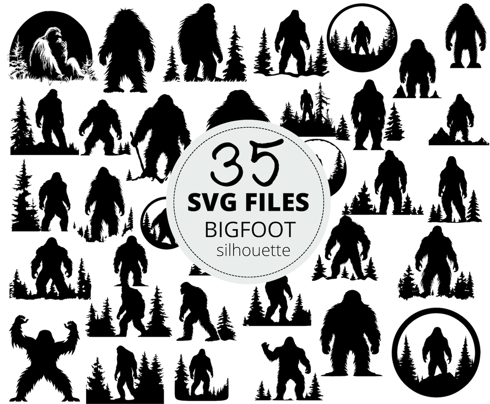 Bigfoot Silhouette Line Art Svg Bundle, Sasquatch Yeti Clipart, POD ...