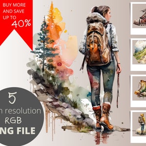 5pc Hiking Girl Watercolor PNG Bundle, Printable Wanderlust Digital Wall Art, Sublimation Art, Hiking Clipart, Digital Art, Commercial Use
