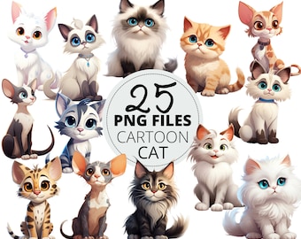 25pc Cute Cartoon Cat PNG Bundle, Cute Kitty Animal POD Allowed Digital Art, Cat Breed Illustration, Commercial Use, Sublimation Line Art