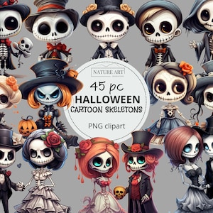 Bezauberndes Halloween-Karikatur-Skelett-Bild-Bundle, 45-teiliges niedliches Skelett-PNG-Clipart, entzückendes Halloween-Skelett-Design, Skelett-clipart