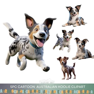 5pc Cartoon Australian Koolie Dog Clipart PNG Bundle, Cute Dog POD Allowed Digital Art, Dog Breed Illustration, Sublimation Line Art