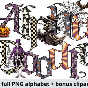Halloween Doodle Alphabet Letters, 5 Full Spooky Gothic Alpha PNG Bundle, Pumpkin & Skull Clipart, Number, Sublimation ABC, Commercial Use