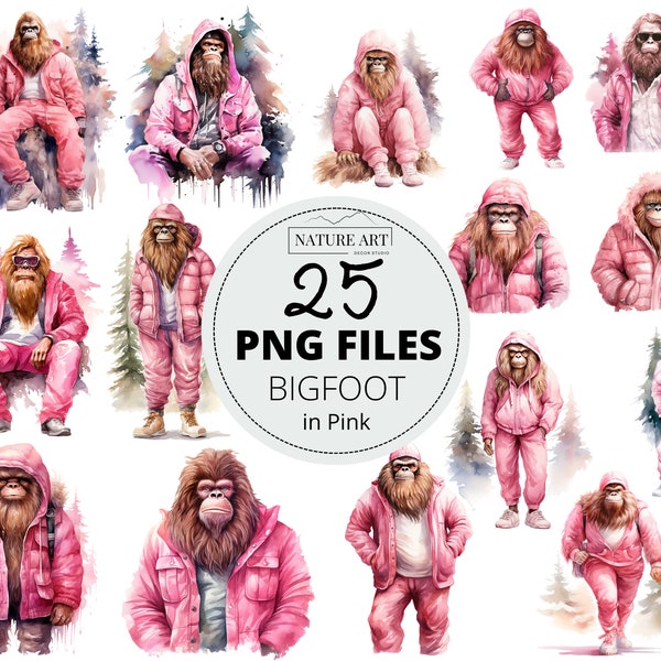 Bigfoot in Pink PNG Bundle, 15pc Girly Sasquatch Images, Yeti Clipart, POD Allowed Digital Art Illustration for Commercial Use, Sublimation