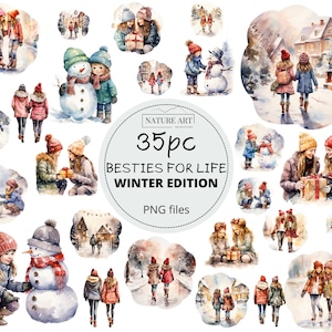 35pc Besties for Life Winter Edition Aquarel PNG Bundel, Beste Vrienden Clipart, BF Design Image, Commercieel Gebruik, Winter Vibes
