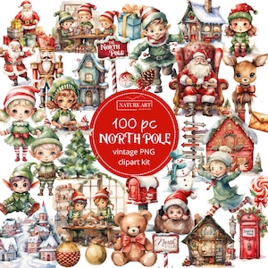 100pc Pôle Nord vintage Santa Aquarelle PNG Clipart Bundle, Images du Père Noël d’hiver, Art de Noël rétro, Illustration du village des elfes