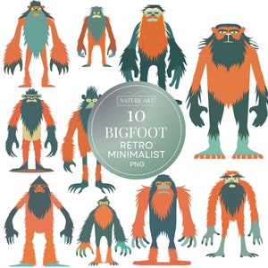 Bigfoot Silhouette Retro Line Art PNG Bundle, Yeti, Sasquatch Cryptid Clipart, POD Allowed Digital Illustration, Commercial Use, Sublimation