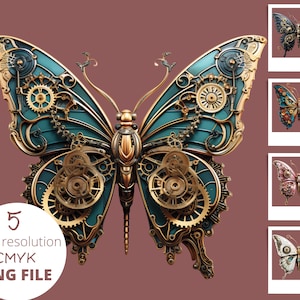 5pc Steampunk Butterfly PNG Bundle, Steampunk Animal POD Allowed Digital Art, Butterfly Illustration, Commercial Use, Sublimation Line Art