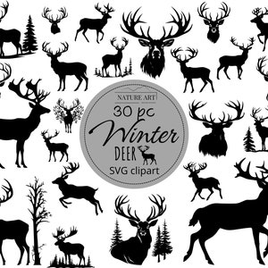 30pc Winter Herten SVG Bundel, Indrukwekkende Herten Digitale Kunst, Bosdieren Illustratie, Commercieel Gebruik, Rendieren, Moose Illustratie