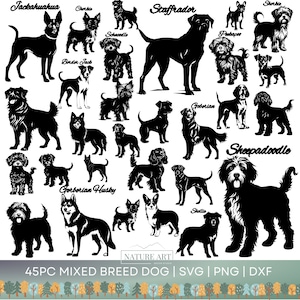 45pc Silhouette de chien de race mixte SVG | PNG | Bundle DXF, Image Eps de race de chien, Art de maman de chien, Artisanat de dessin de chiens, Tatouage de ligne simple de chien