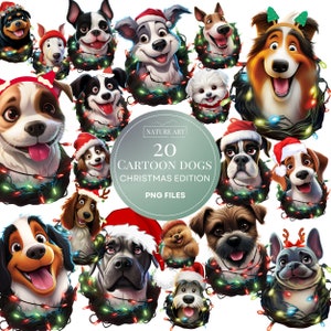 Funny Cartoon Christmas Dogs 20 pc PNG Bundle, Cute Puppy dog with Santa Hat POD Allowed Digital Art, Commercial Use, Cute Dog Clipart