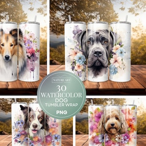 Lot de 30 feuilles d'emballage pour gobelet pour chien aquarelle PNG, 20 oz peinture à l'aquarelle, motif chien, usage commercial, dessin au trait par sublimation