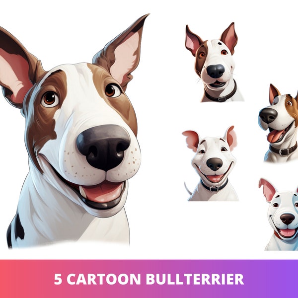 Paquete PNG de cabeza de perro Bullterrier de dibujos animados de 5 piezas, retrato de cachorro POD permitido arte digital, ilustración de raza de perro Bullterrier, uso comercial