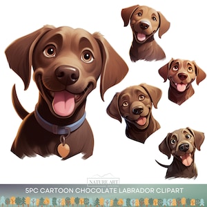 5 Stück Cartoon Labrador Hundekopf PNG Bundle, süße Schokolade Farbe Welpe POD erlaubt digitale Kunst, Hunderasse Illustration, Sublimation Line Art