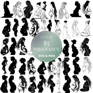 Pacote SVG de Doodle de mulher grávida fofa de 85 peças, clipart de revelação de gravidez, design Svg de mamãe e eu PNG, arte de parede de imagem de berçário, uso comercial
