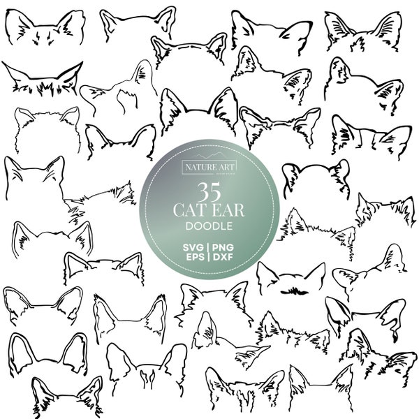 35pc Cat Ear Doodle Svg Bundle, Kitty Ears Drawing PNG, DXF, EPS Clipart, Pod Allowed Digital Art for Commercial Use, Cat Mom, Sublimation