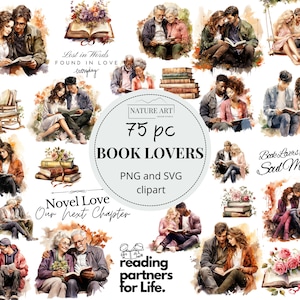Boek minnaar romantische koppels 75pc Mega aquarel PNG bundel, liefde clipart, leesgrage graphics, paar hand in hand clipart, commercieel gebruik