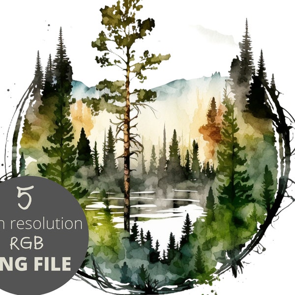 5pc Nature Landscape Water Color PNG Bundle, Forest Outdoor Clipart, POD Allowed Digital Art Illustration for Commercial Use, Sublimation