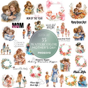 Paquete PNG&SVG del Día de la Madre de acuarela de 35 piezas, arte digital permitido para abrazar a madre e hijo, uso comercial, arte de sublimación, amar a mamá png