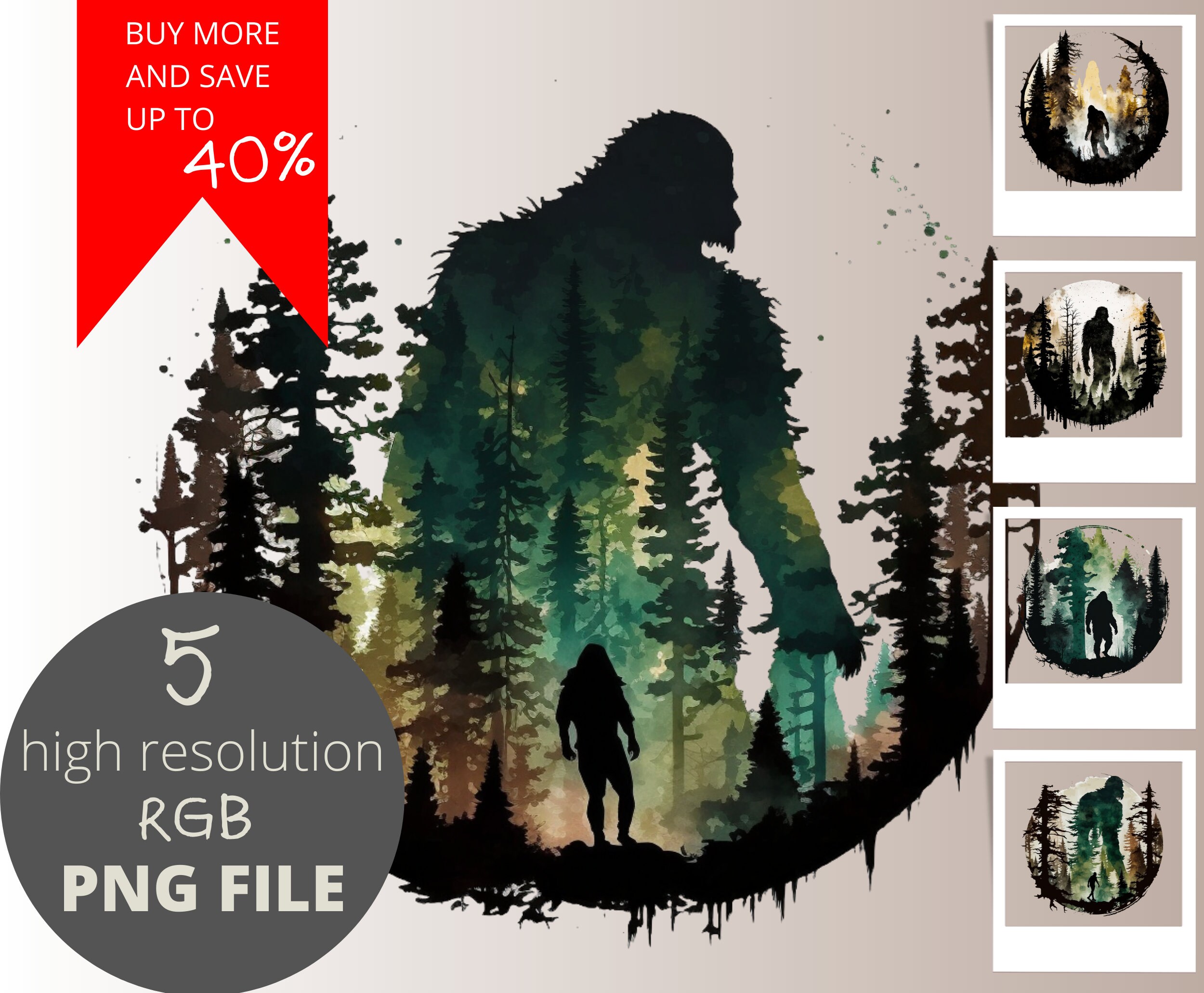 5pc Bigfoot Water Color PNG Bundle, Sasquatch Yeti Hiking Clipart, POD ...