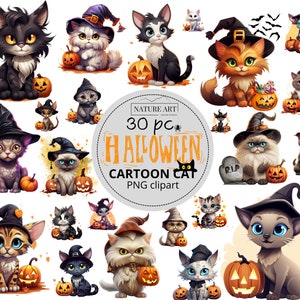 30pc Halloween Cartoon Cat PNG Bundle, Cute Puppy POD autorisé Art numérique, utilisation commerciale, Sublimation Line Art, Pumpkin & Kitty Clipart