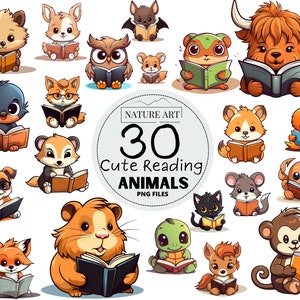 30pc Adorable Animals Lost in Stories PNG Bundle, doux animaux lisent un livre, chien de lecture, chat, lapin, renard clipart, usage commercial