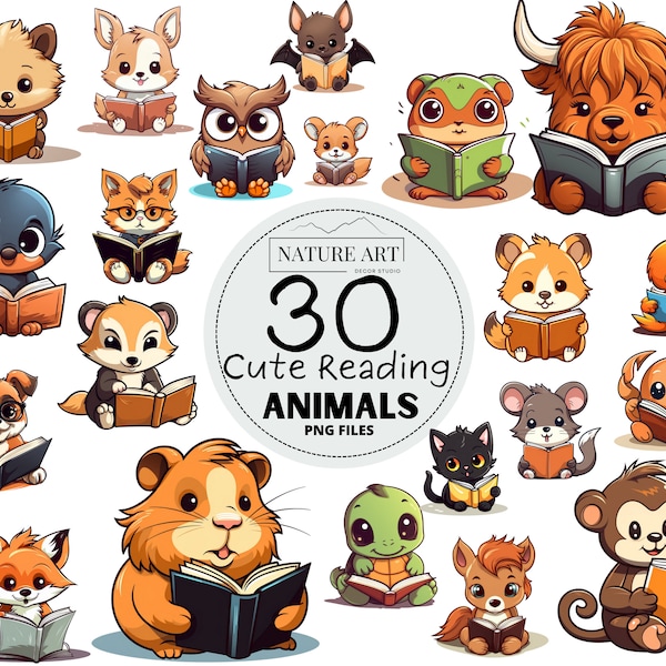 30pc Adorable Animals Lost in Stories PNG Bundle, sweet animals are reading a book, reading dog, cat, bunny, fox clipart, Commercial Use