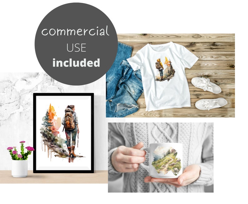 5pc Hiking Girl Watercolor PNG Bundle, Printable Wanderlust Digital
