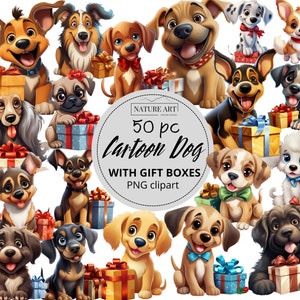 Cute Cartoon Christmas Dogs 50 pc PNG Bundle, Cute Puppy dog with Gift Box POD Allowed Digital Art, Commercial Use, Christmas & Dog Clipart