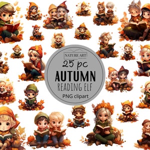 25pc Autumn Reading Cartoon Elves PNG Bundle, Reader Gnomes Clipart, Fantasy Fall Design, Cute Autumn Elf PNG, Utilisation commerciale incluse