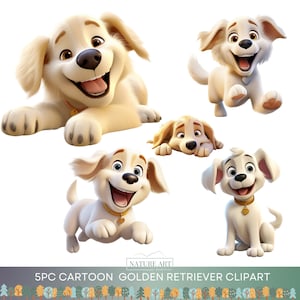 5pc Cartoon Golden Retriever Dog Clipart PNG Bundle, Cute Dog POD Allowed Digital Art, Dog Breed Illustration, Sublimation Line Art