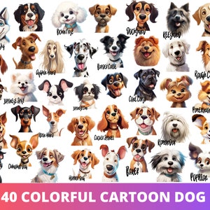 Paquete PNG de cabeza de perro de dibujos animados de 40 piezas, lindo cachorro animal POD permitido arte digital, ilustración de raza de perro, uso comercial, arte de línea de sublimación