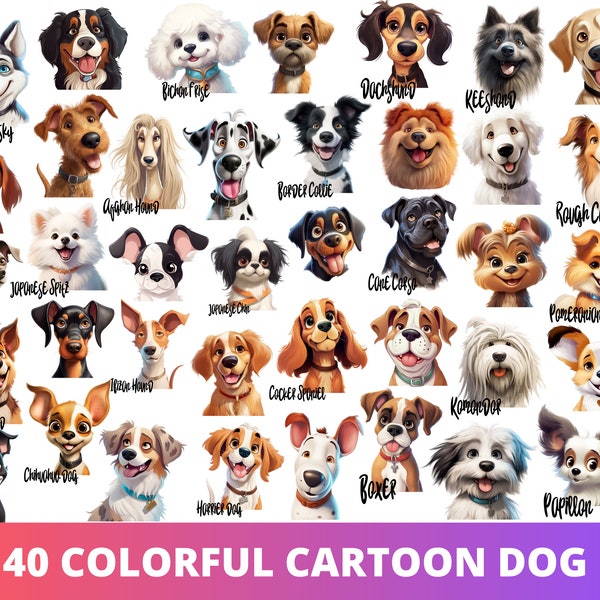 40 Stück Cartoon-Hundekopf PNG-Bundle, niedlicher Welpen Tier POD erlaubt digitale Kunst, Hunderasse Illustration, kommerzielle Nutzung, Sublimationslinie Kunst