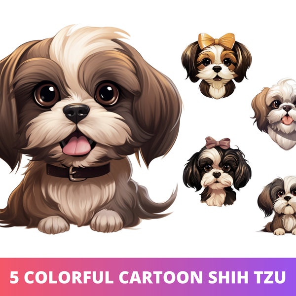 5pc Cartoon Shih Tzu Head PNG Bundle, Cute Puppy POD Allowed Digital Art, Dog Breed Illustration, Commercial Use, Sublimation Anime Art