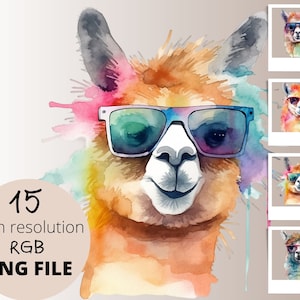 15 Alpaca with Sunglasses Boho Water Color Animal PNG Bundle, Lama Clipart, POD Allowed Digital Art Illustration for Commercial Use, 300 dpi