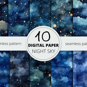 10 pc's naadloze donkere middernacht hemel patroon digitale papier bundel, JPG, Instant Download, nachtelijke hemel achtergrond herhalend patroon, commercieel gebruik