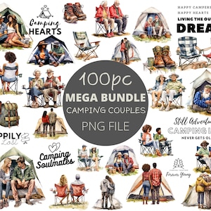 100 Stück Camping Paar Aquarell PNG Clipart Bundle, druckbare Fernweh digitale Wandkunst, Sublimationskunst, digitale Kunst, kommerzielle Nutzung