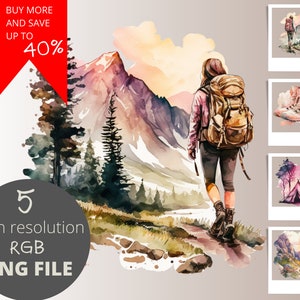 5pc Hiking Girl Watercolor PNG Bundle, Printable Pink Wanderlust Digital Wall Art, Sublimation Art, Clipart, Digital Art, Commercial Use
