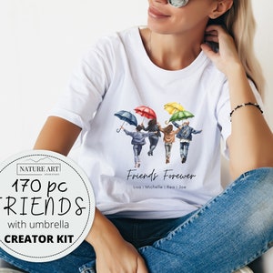 Beste vrienden Creator Kit met paraplu, Besties aquarel PNG Mega bundel DIY clipart, vriendschap, BFF ontwerp afbeelding, commercieel gebruik