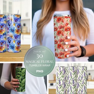 Bundle PNG d'emballage floral magique pour gobelet, 20 oz, peinture florale à l'aquarelle, papier peint mince pour gobelet, usage commercial, dessin au trait par sublimation