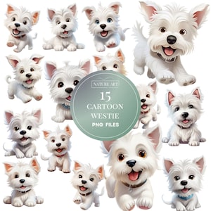 15pc Cartoon West Highland Terrier Dog Head PNG Bundle, Puppy Portrait POD Allowed Digital Art, Westie Breed Illustration, Commercial Use
