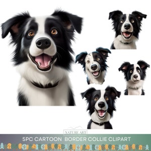 5pc Cartoon Border Collie Dog Portrait Clipart PNG Bundle, Cute Dog POD Ammesso Arte Digitale, Illustrazione della Razza Canina, Sublimazione Line Art