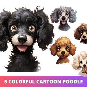 5 Stück Cartoon Pudelkopf PNG Bundle, niedlicher Welpe POD erlaubt digitale Kunst, Hunderasse Illustration, kommerzielle Nutzung, Sublimation Anime Art