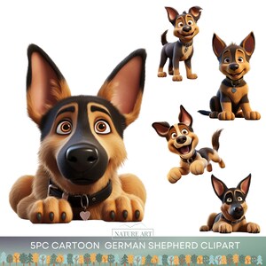 5pc Cartoon German Shepherd Dog Clipart PNG Bundle, Cute Dog POD Allowed Digital Art, Dog Breed Illustration, Sublimation Line Art