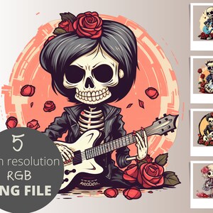 Cool Rock Halloween Skeletons Image Bundle, 5pc Cute Musician Skeleton PNG, Adorable Halloween skeleton Design, Cartoon skeleton clipart