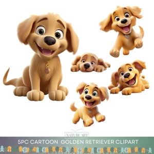 Paquete PNG de imágenes prediseñadas de perro Golden Retriever de dibujos animados de 5 piezas, arte digital permitido por POD de perro lindo, ilustración de raza de perro, arte de línea de sublimación