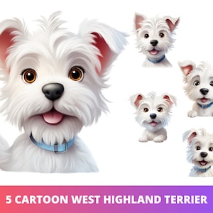 5pc Cartoon West Highland Terrier Dog Head PNG Bundle, Puppy Portrait POD Allowed Digital Art, Westie Breed Illustration, Commercial Use,