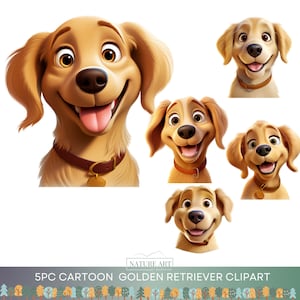 5pc Cartoon Golden Retriever Dog Clipart PNG Bundle, Cute Dog POD Allowed Digital Art, Dog Breed Illustration, Sublimation Line Art